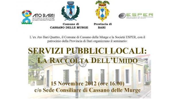 Immagine: Puglia, seminario su servizi pubblici locali e raccolta dell'umido. Il 15 novembre a Cassano delle Murge