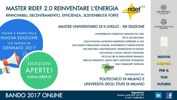 Immagine: Master RIDEF 2.0 Reinventare l’energia, le iscrizioni per l'anno 2017