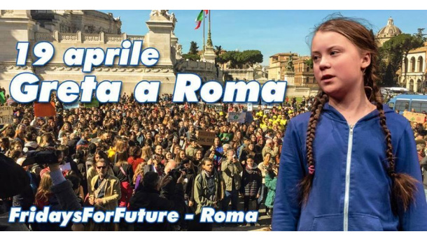 Immagine: Clima: 19 aprile 2019 Greta Thunberg in Italia, a Roma in piazza del Popolo