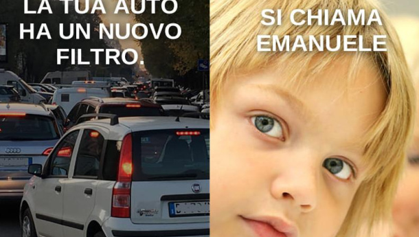 Immagine: ‘La tua auto ha un nuovo filtro. Si chiama Emanuele’. Al via la campagna di sensibilizzazione di Cittadini per l’Aria in difesa dei bambini